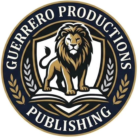 Guerrero Productions Publishing circular logo featuring a lion standing on an open book